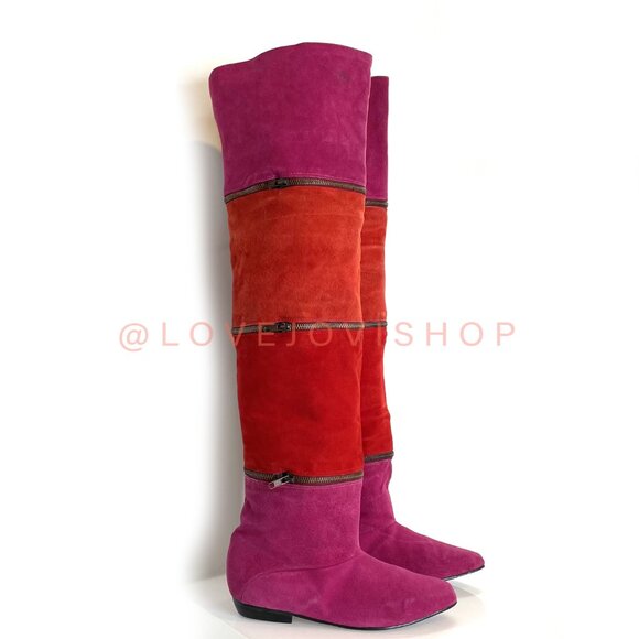 Vintage 80s | Maximalist Tiered Suede Thigh High to Ankle Boots Pink Fuchsia Red - Picture 3 of 16